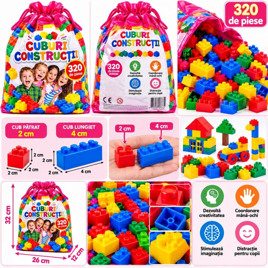 Set Cuburi de Construcție pentru copii, joc educativ și creativ, 320 cuburi multicolore, săculeț pentru depozitare, roz, 3 ani +