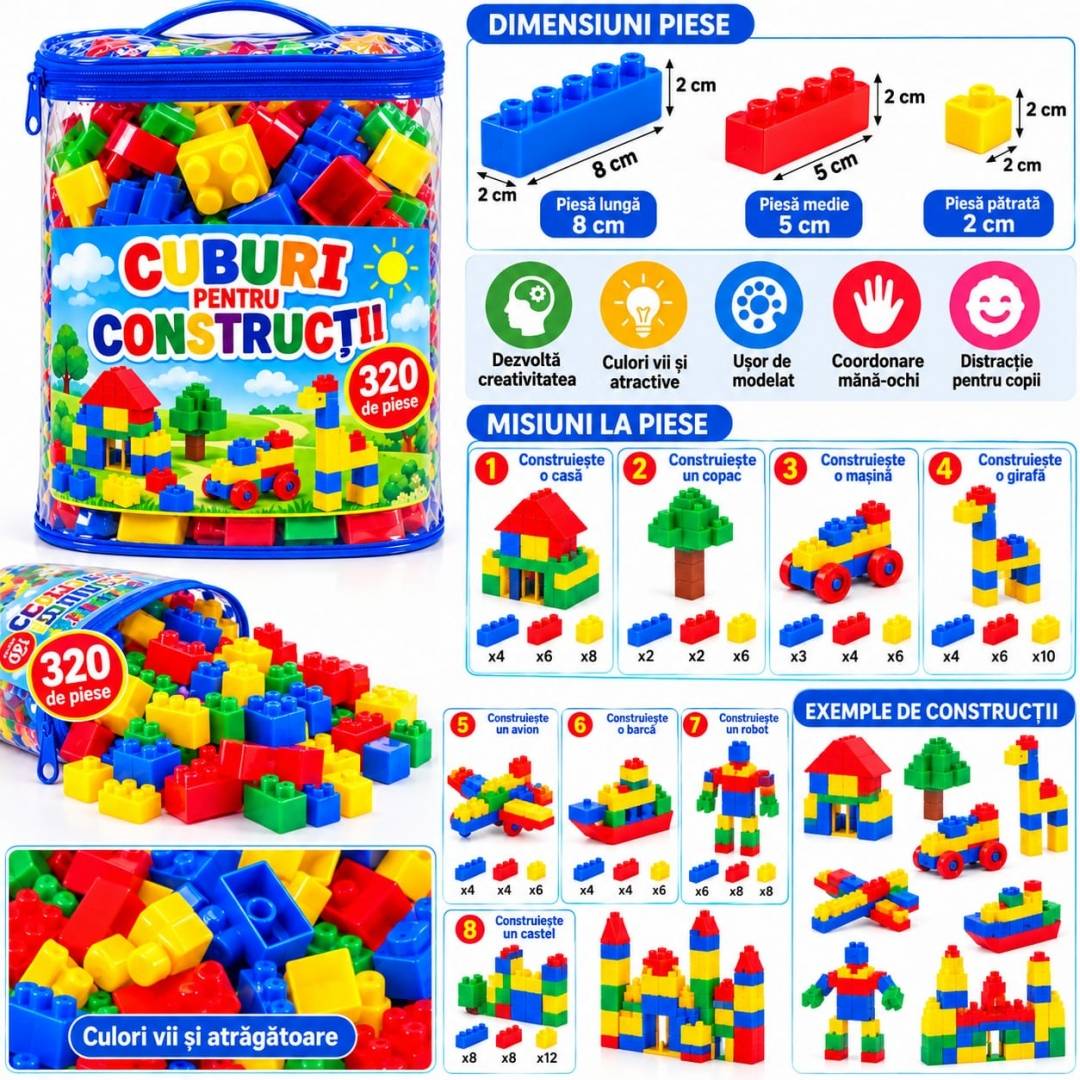 Set Cuburi de Construcție pentru copii, joc educativ și creativ, cu geantă de depozitare, 130 piese, multicolor, 3 ani+