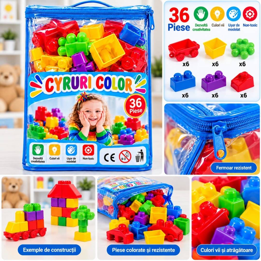 Set Cuburi de Construcție pentru copii, joc educativ și creativ, geantă de depozitare, 36 piese, 3 ani+