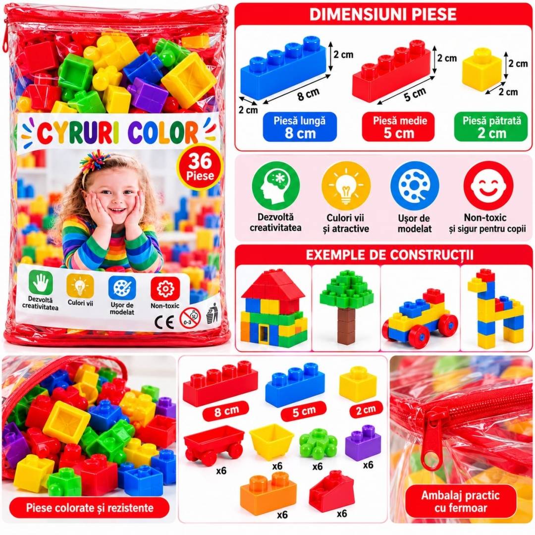 Set Cuburi de Construcție pentru copii, joc educativ și creativ, geantă de depozitare, 36 piese, multicolor, 3 ani+
