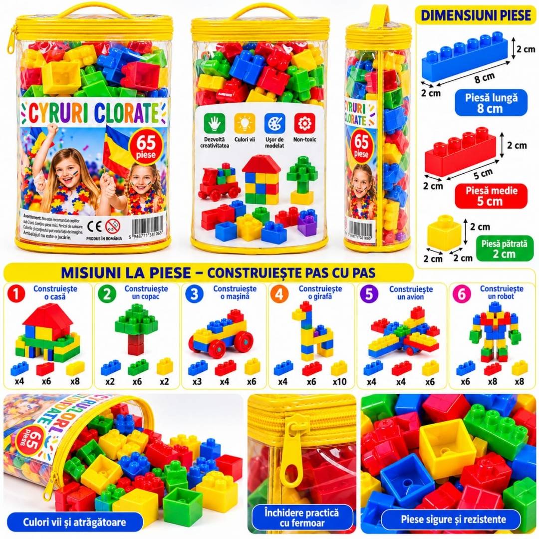 Set Cuburi de Construcție pentru copii, joc educativ și Creativ, Geantă de depozitare, 65 piese, 3 ani+