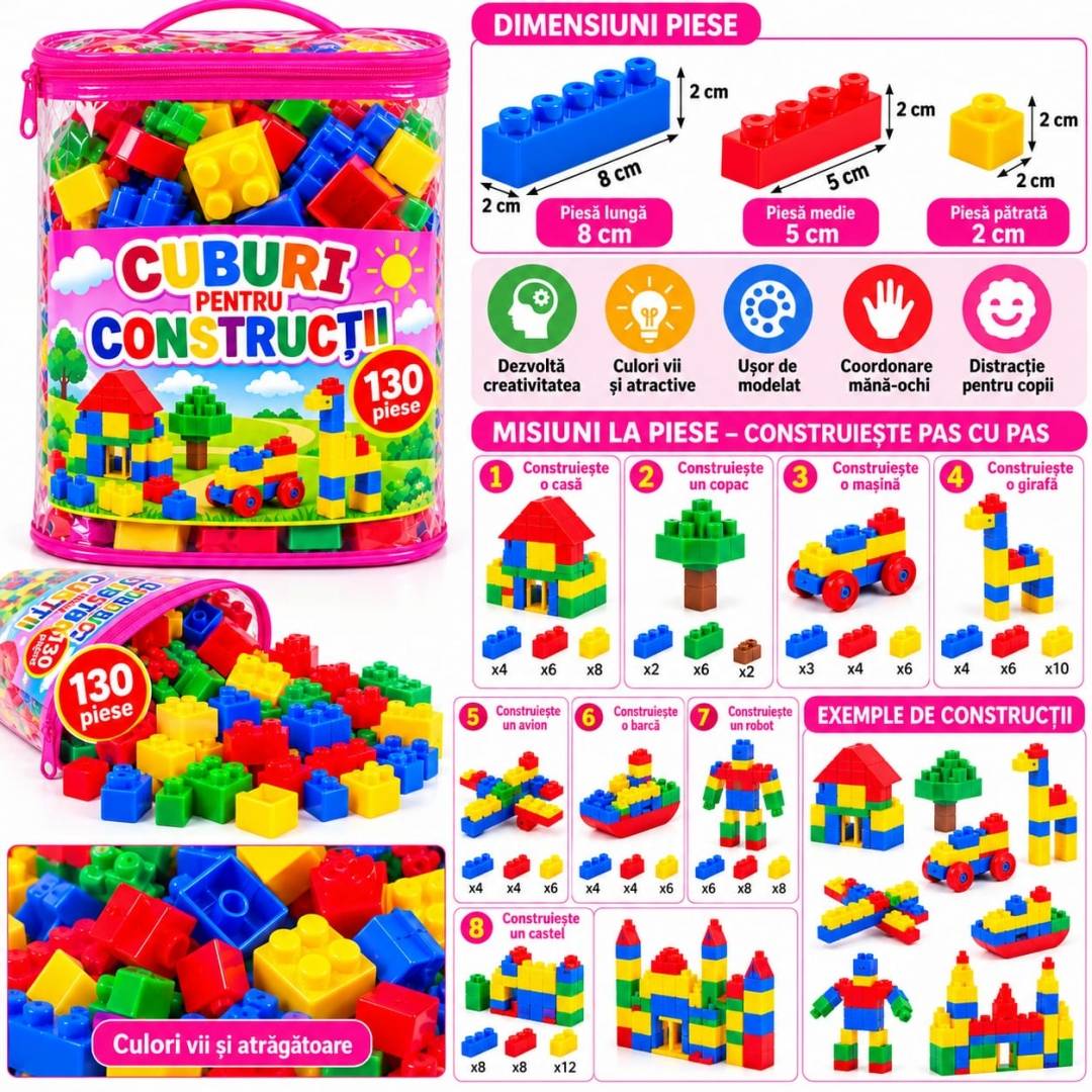 Set Cuburi de Constructie pentru copii, joc educativ si creativ, cu geanta de depozitare, 130 piese, roz/ multicolor, 3 ani+