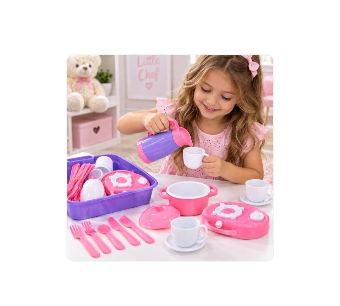 Set de bucătărie pentru copii, din plastic, cu tavă, vase și 20 accesorii, mov/multicolor