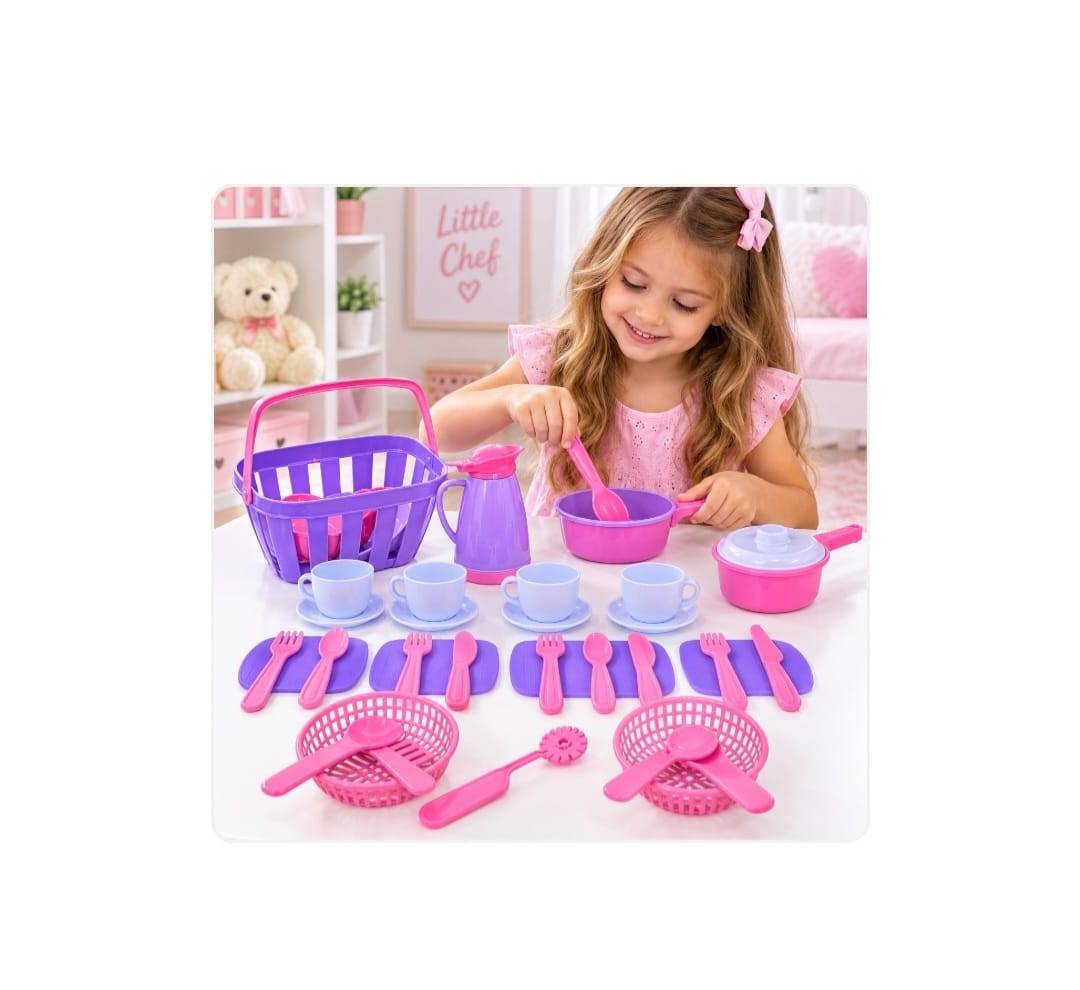 Set de bucătărie pentru copii, din plastic, cu tavă, vase și 20 accesorii, roz-mov