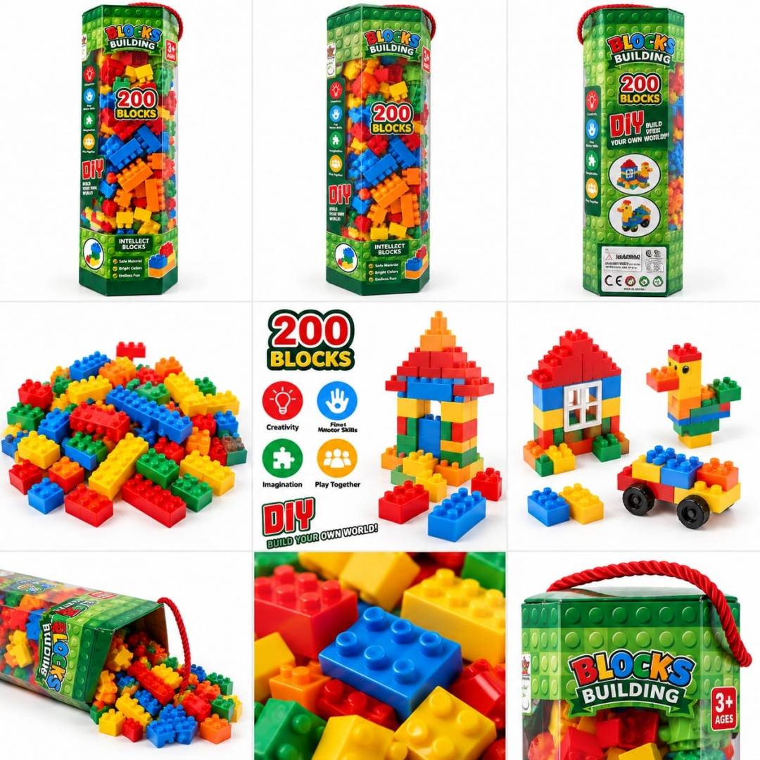 Set de construcție pentru copii, 200 piese din plastic, multicolor, cutie cu mâner, 3+ ani
