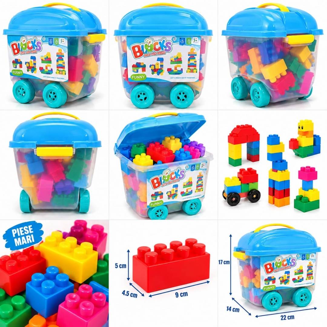 Set de construcție pentru copii, 70 piese din plastic, piese mari, multicolor, cutie cu roți, 3+ ani