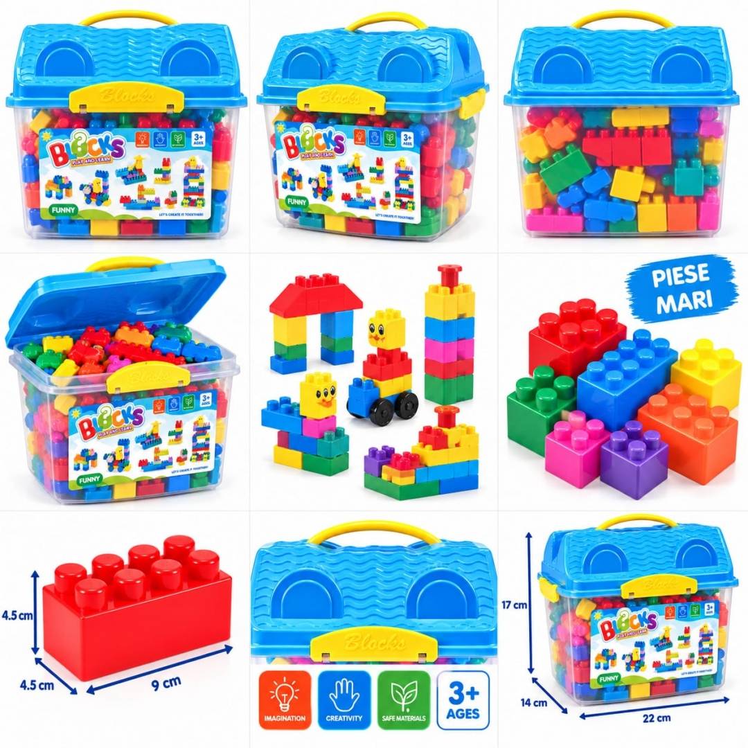 Set de construcție pentru copii, 90 piese din plastic, multicolor, cutie de depozitare, 3+ ani
