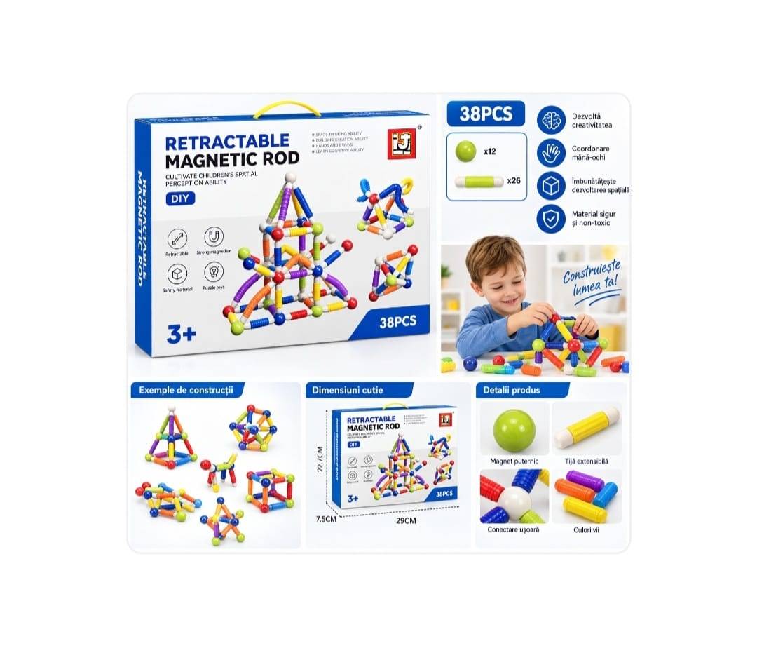 Set de constructie 3D, magnetic, flexibil, 38 piese, 3 ani+