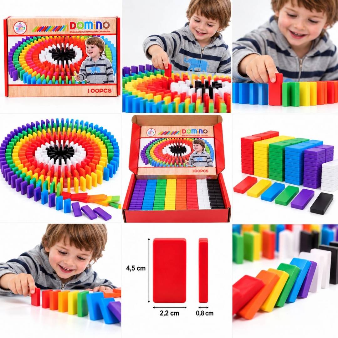 Set Domino din lemn pentru copii, joc educativ și creativ, 100 piese, multicolor
