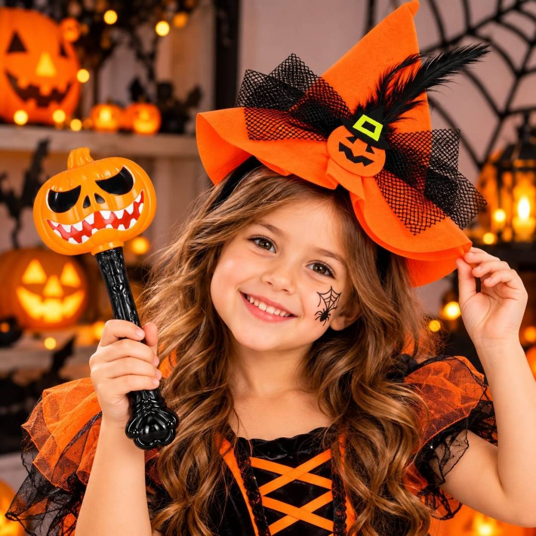 Set Halloween pentru copii, Bentiță cu Pălărie de Vrăjitoare și baghetă luminoasă cu dovleac, portocaliu