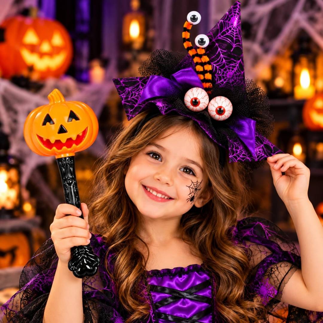Set Halloween pentru Copii, bentiță Vrăjitoare cu Păianjen și baghetă luminoasă dovleac, 2 Piese, mov/portocaliu