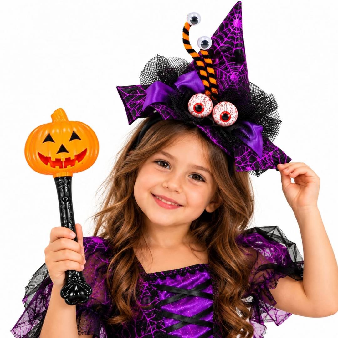 Set Halloween pentru Copii, bentiță Vrăjitoare cu Păianjen și baghetă luminoasă dovleac, 2 Piese, portocaliu/mov
