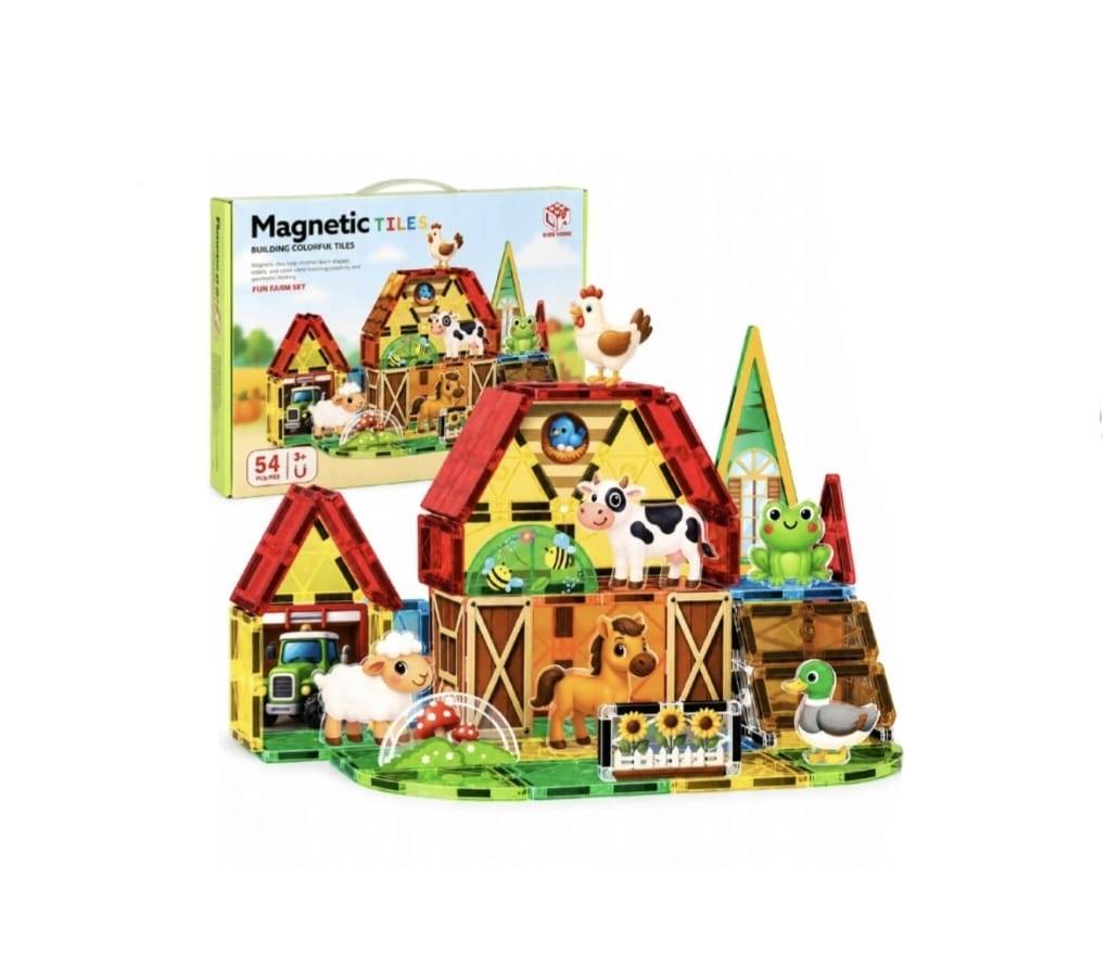Set Magnetic de construit pentru copii, Ferma, Animalelor, vehicule, multicolor, 54 piese, 3 ani+