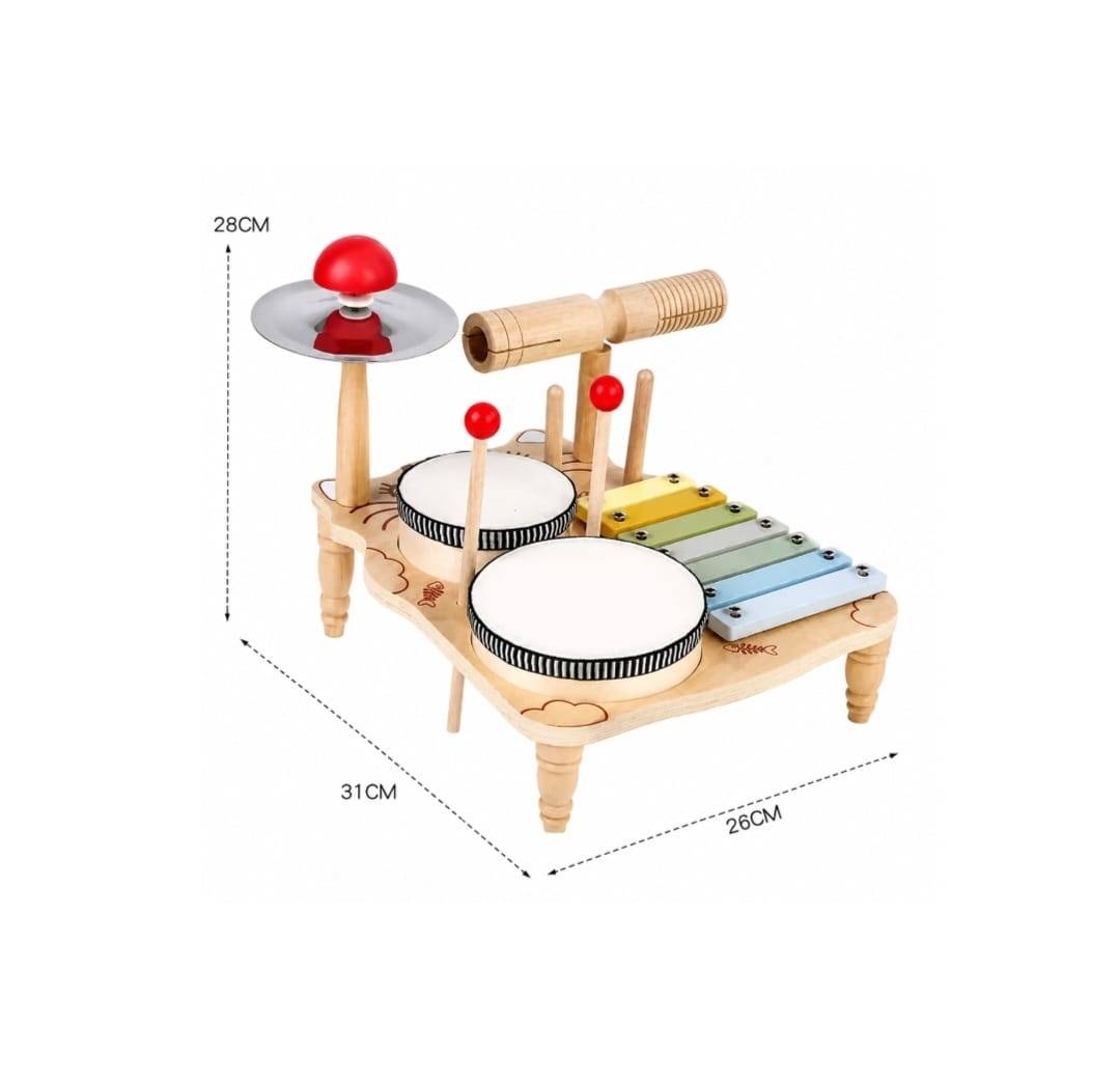 Set muzical copii 5 in 1, Tobe Xilofon, Chimbal Guiro, lemn, multicolor
