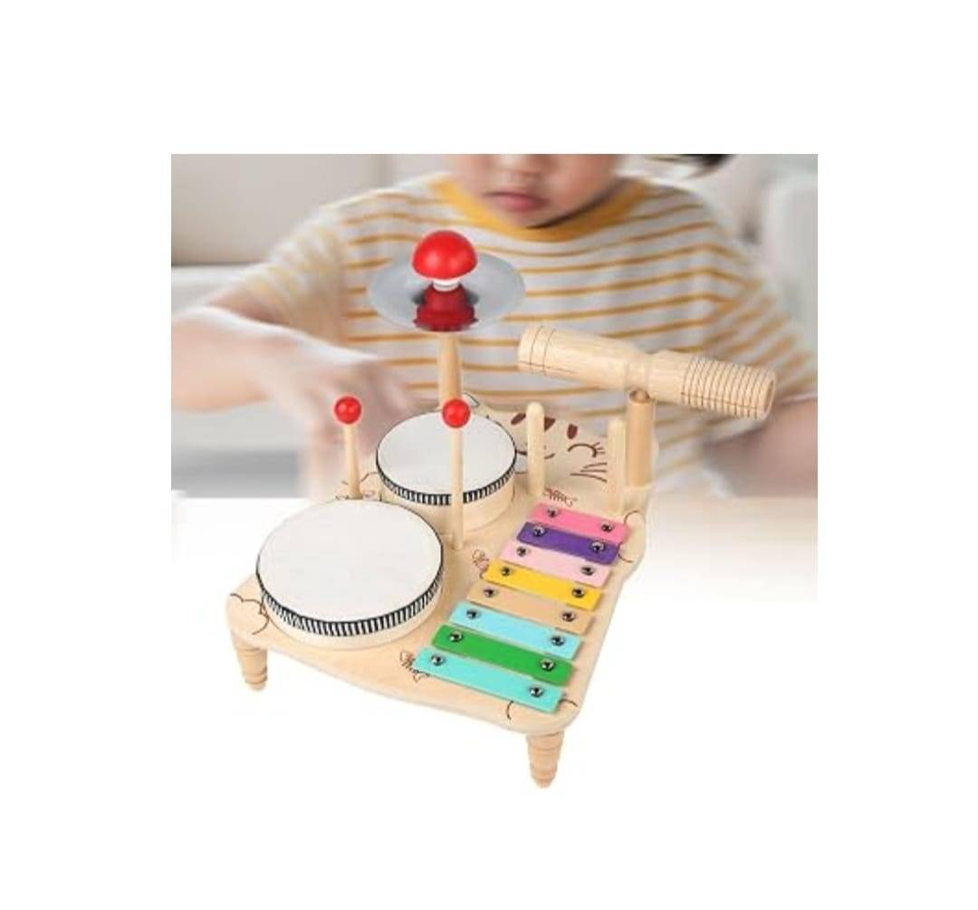 Set muzical copii 5 in 1, Tobe Xilofon, Chimbal Guiro, lemn, multicolor