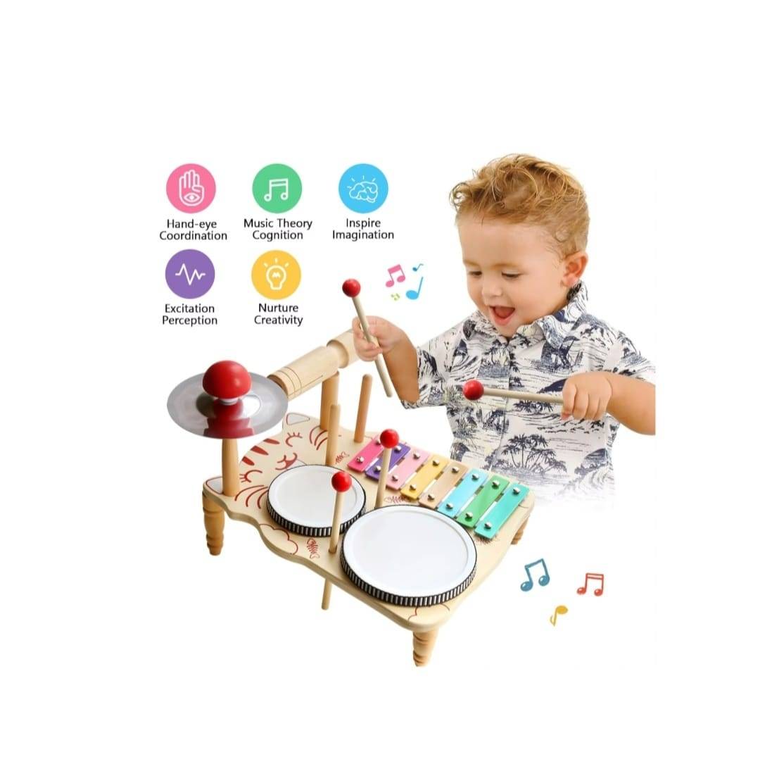 Set muzical copii 5 in 1, Tobe Xilofon, Chimbal Guiro, lemn, multicolor