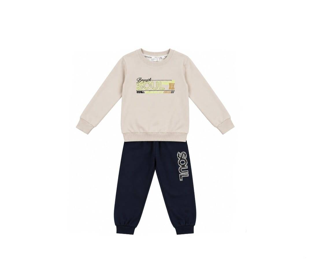 Set trening copii, 2 piese, bluză cu mânecă lungă și pantaloni, bej/multicolor, marimea 5 ani - 10 ani