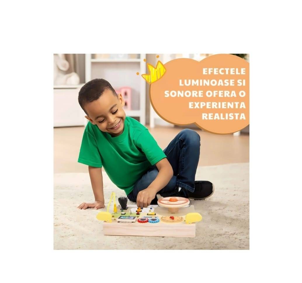 Tableta cu Circuit Luminos, Montessori, Comutatoare, LED, Simulator cu Volan si Schimbator de Viteze, lemn, multicolor