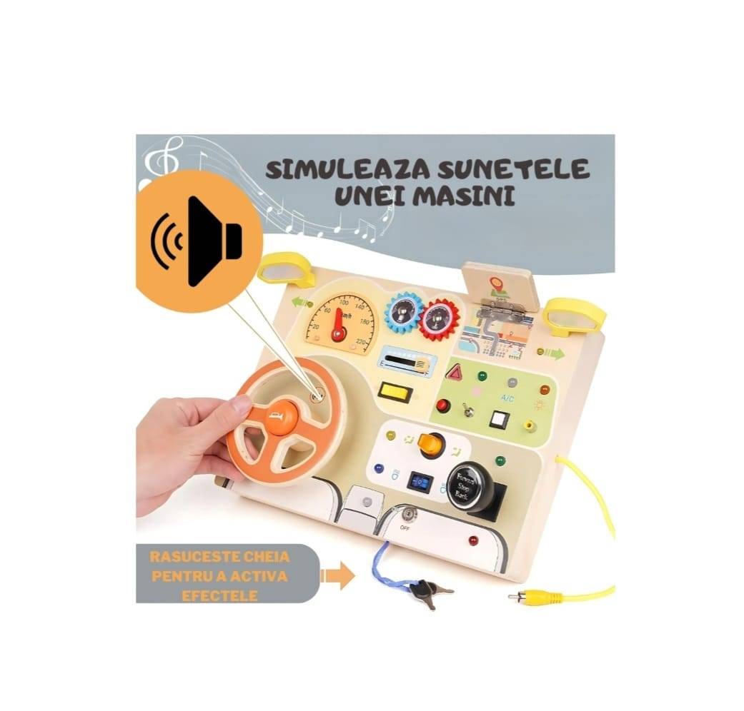 Tableta cu Circuit Luminos, Montessori, Comutatoare, LED, Simulator cu Volan si Schimbator de Viteze, lemn, multicolor