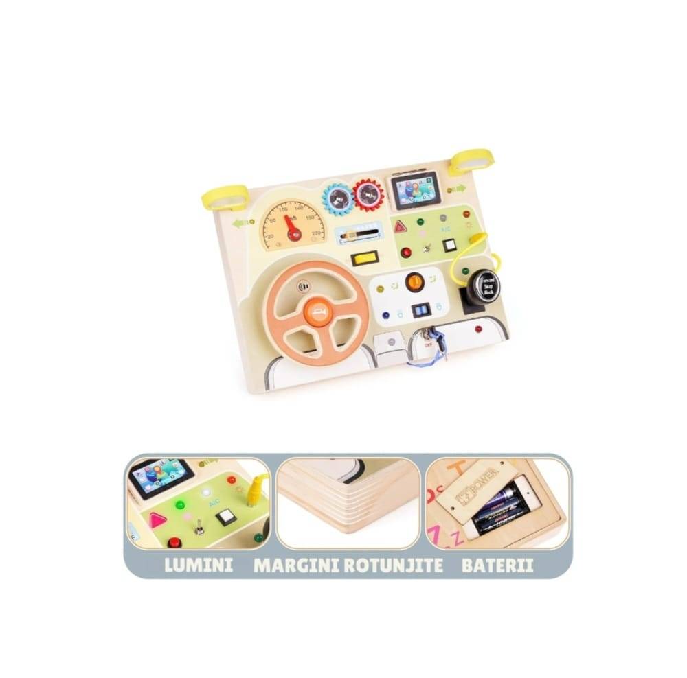 Tableta cu Circuit Luminos, Montessori, Comutatoare, LED, Simulator cu Volan si Schimbator de Viteze, lemn, multicolor