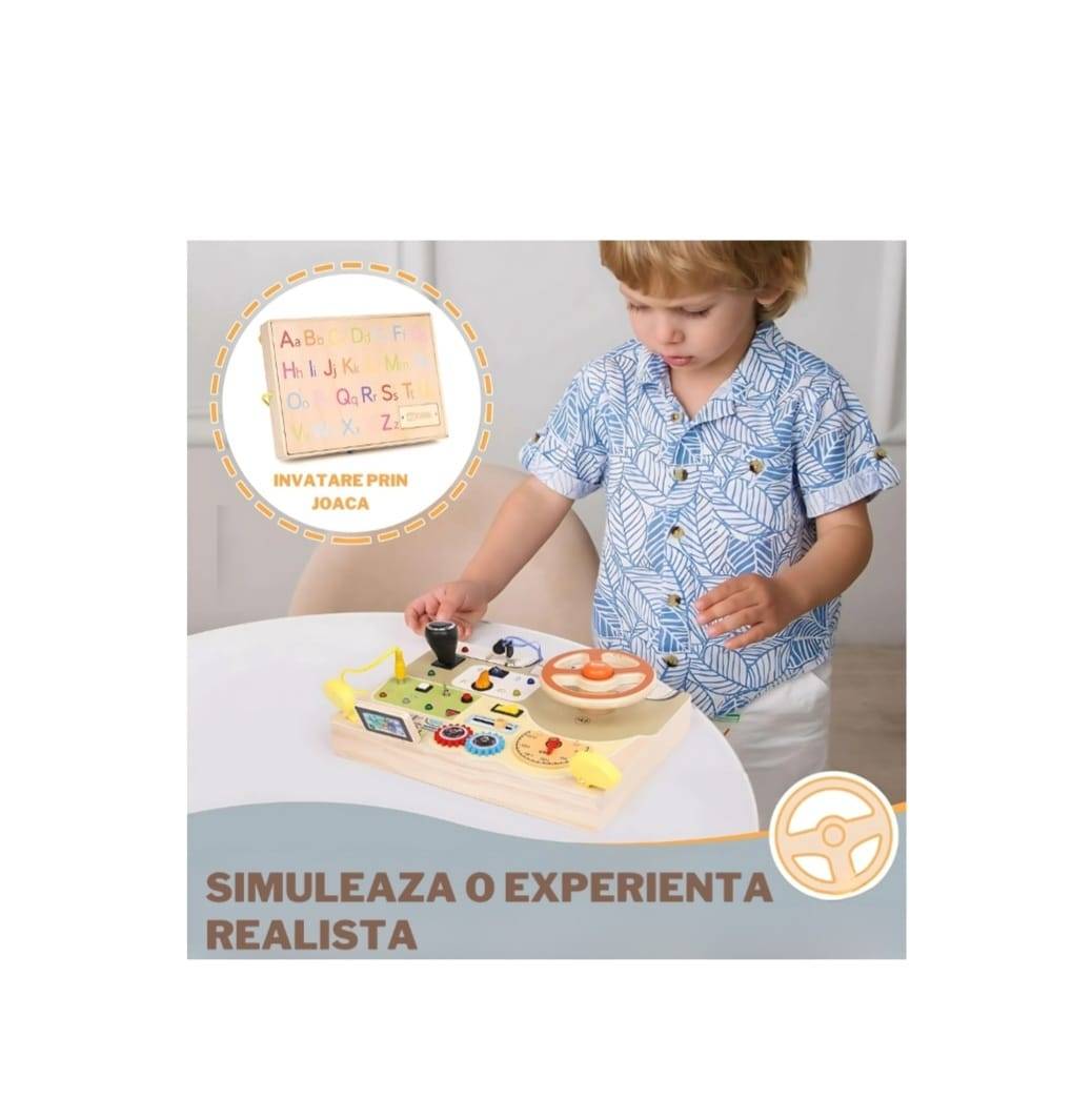 Tableta cu Circuit Luminos, Montessori, Comutatoare, LED, Simulator cu Volan si Schimbator de Viteze, lemn, multicolor