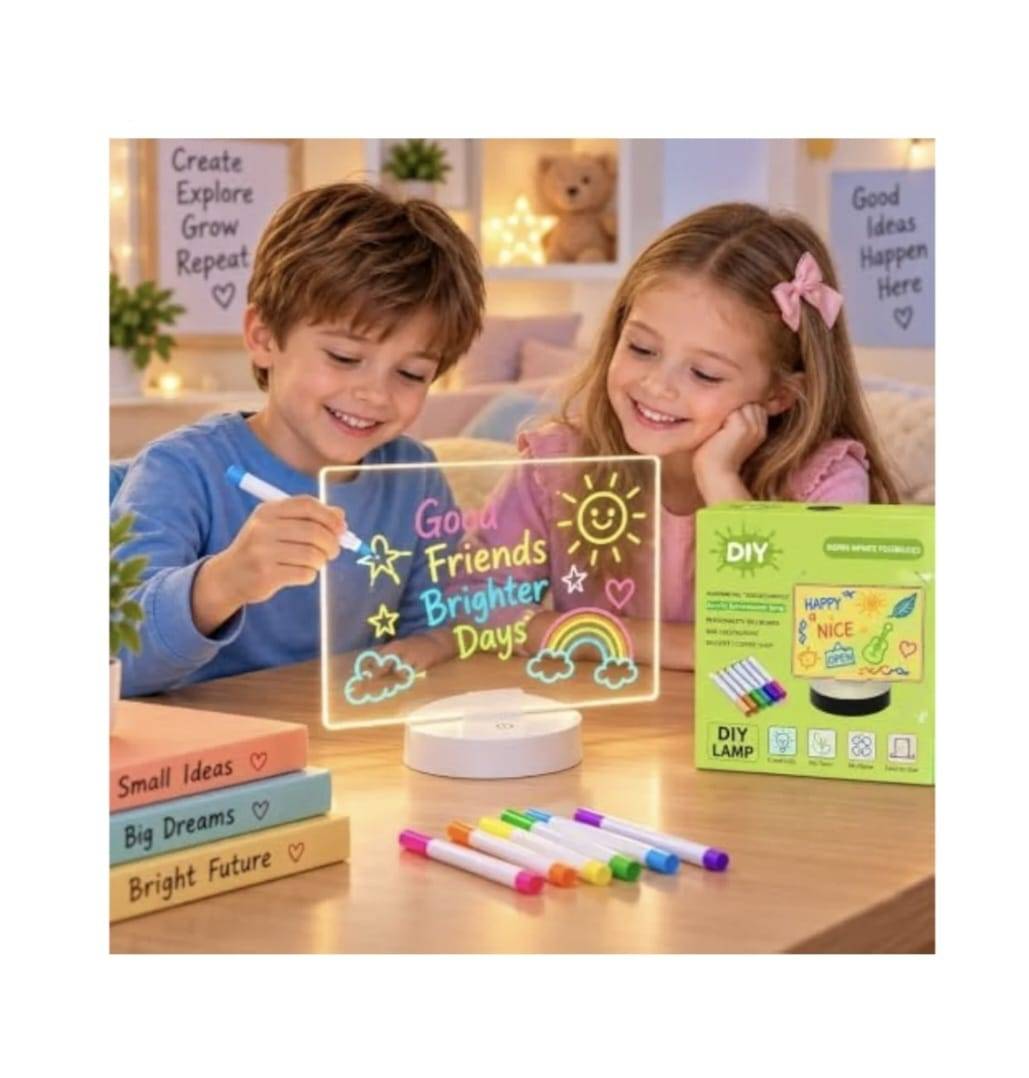 Tableta LED acrilica pentru desen si Mesaje, 7 markere colorate, stergere cu laveta, USB, Lumina, suport LED Inclus, 15 cm