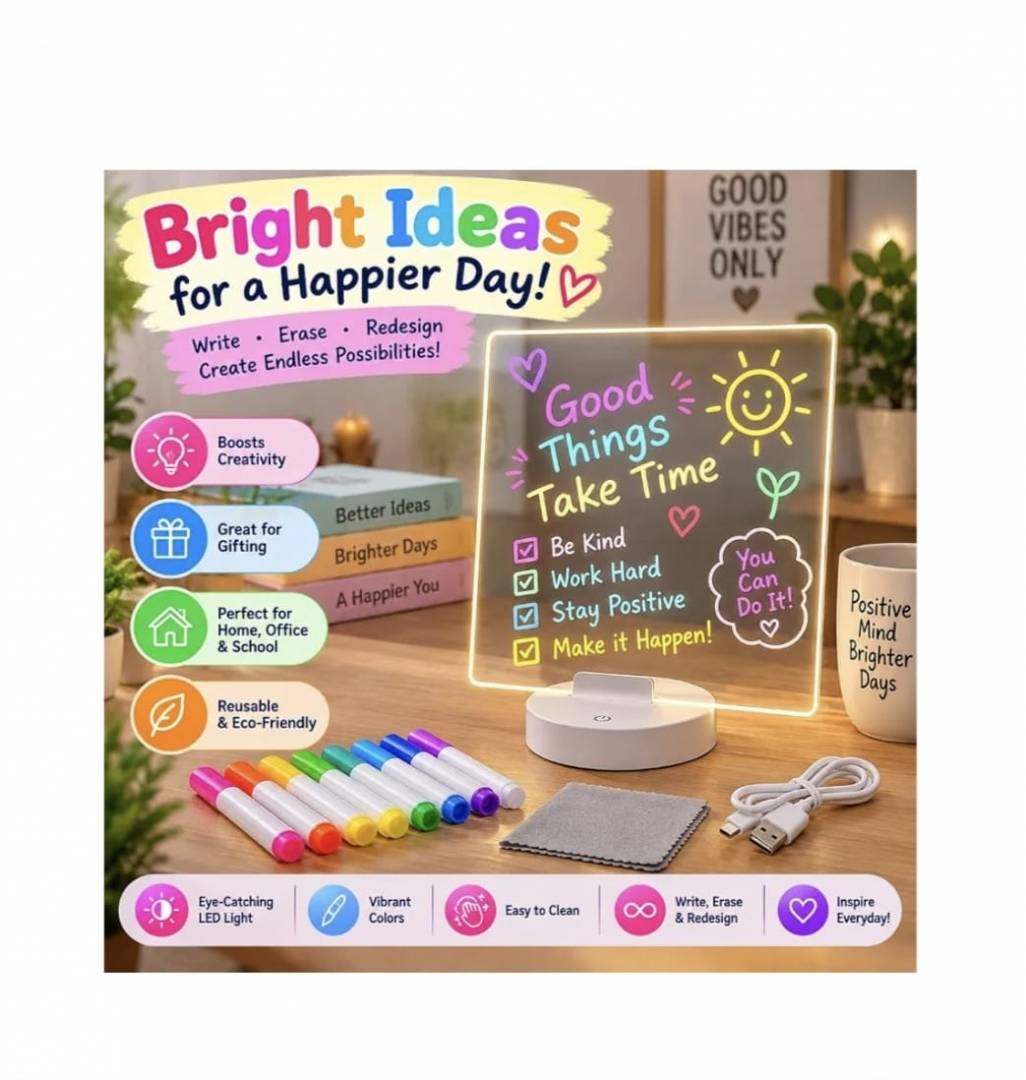Tableta LED acrilica pentru desen si Mesaje, 7 markere colorate, stergere cu laveta, USB, Lumina, suport LED Inclus, 15 cm