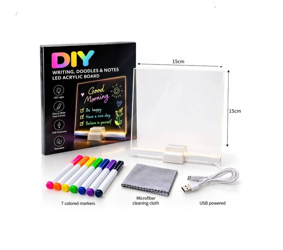 Tableta LED acrilica pentru desen si Mesaje, 7 markere colorate, stergere cu laveta, USB, Lumina, suport LED Inclus, 15 cm