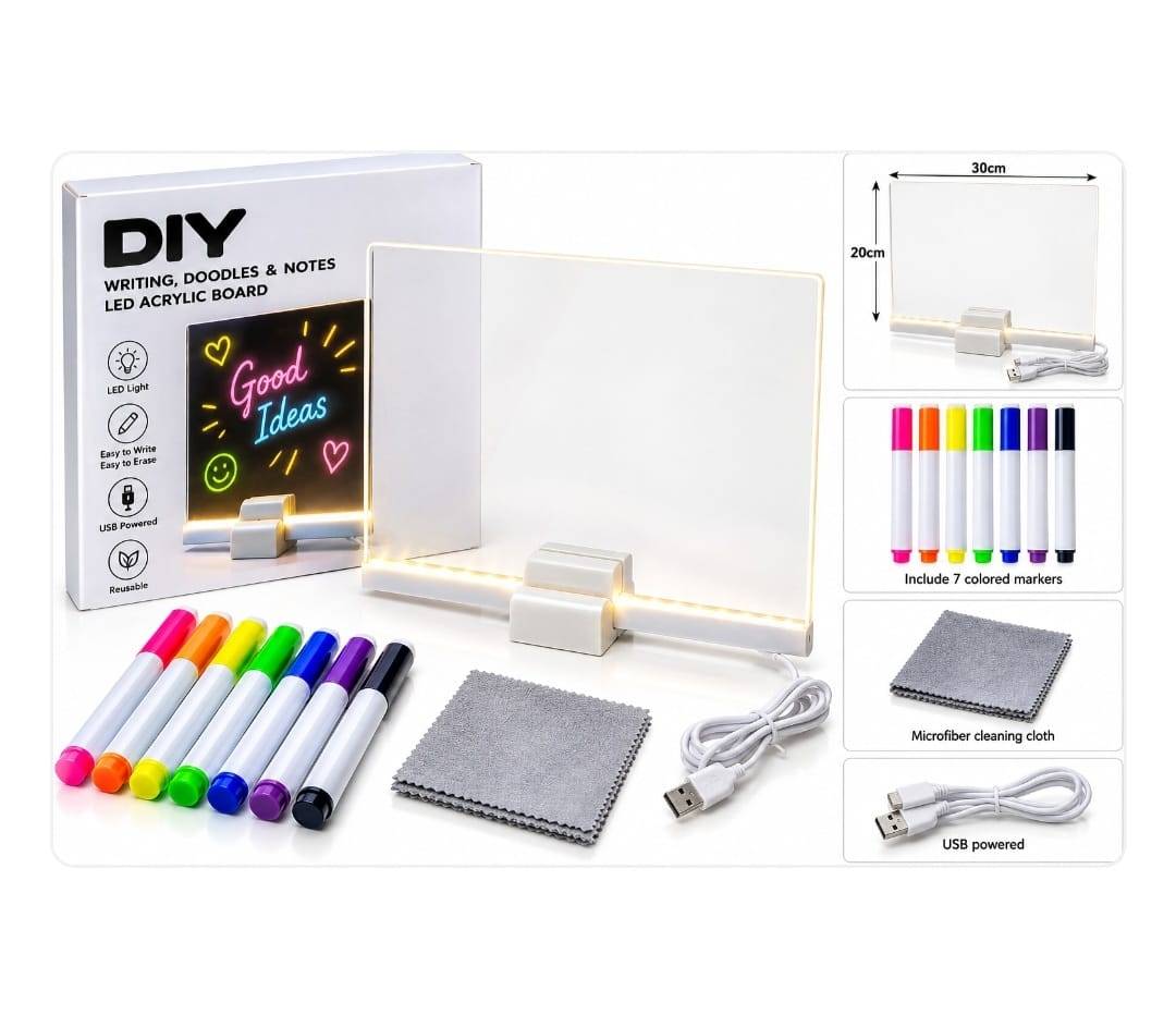 Tableta LED acrilica pentru desen si Mesaje, 7 markere colorate, stergere cu laveta, USB, Lumina, suport LED Inclus, 20 cm