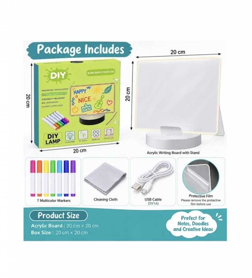 Tableta LED acrilica pentru desen si Mesaje, 7 markere colorate, stergere cu laveta, USB, Lumina, suport LED Inclus, 30 cm