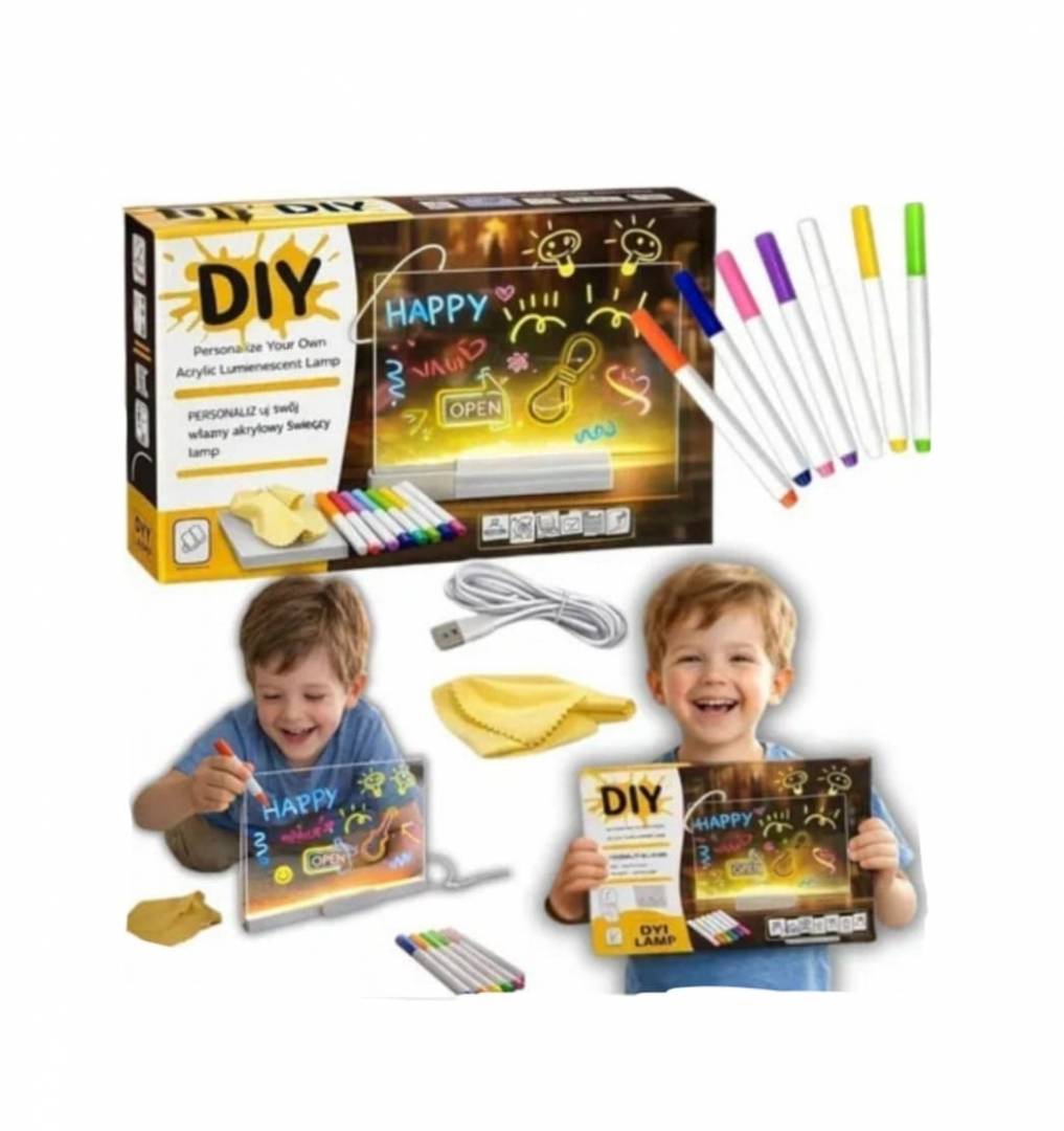 Tableta LED acrilica pentru desen si Mesaje, 7 markere colorate, stergere cu laveta, USB, Lumina, suport LED Inclus, 30 cm