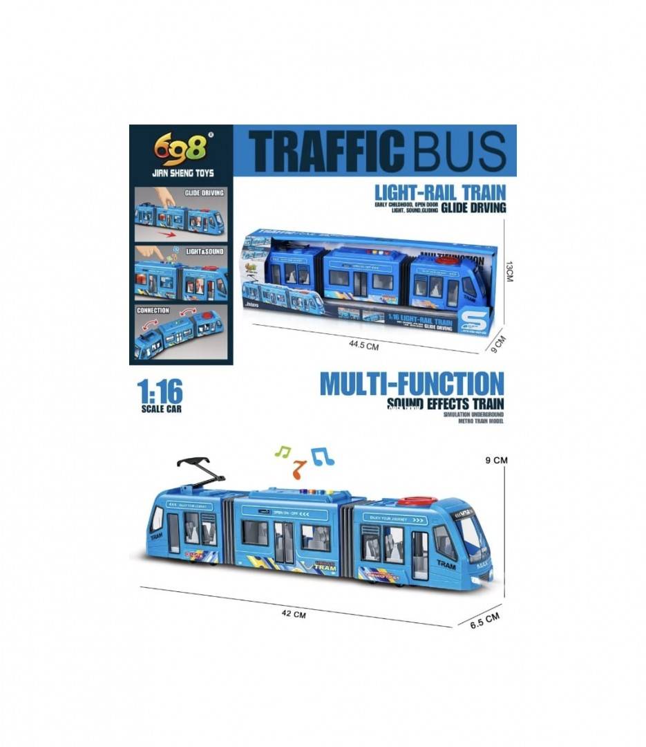 Tramvai electric pentru copii, cu sunete si lumini, MASHASHOP, albastru, 42 cm