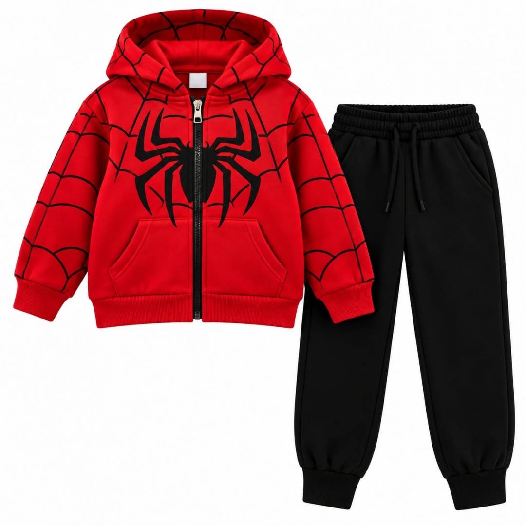 Trening copii cu hanorac cu glugă și pantaloni, model Spiderman, roșu/negru, 5 ani - 12 ani