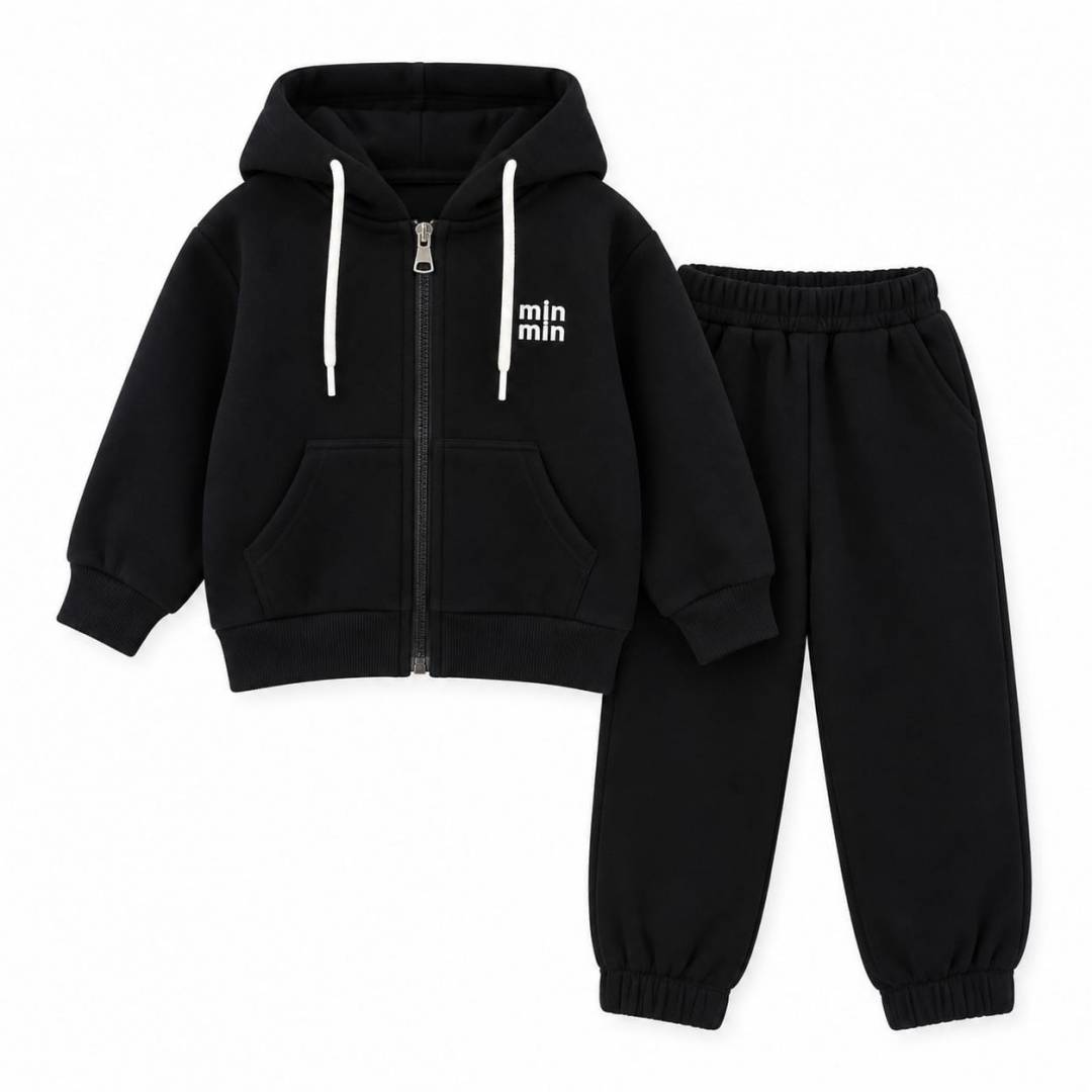 Trening copii pentru școală, 2 piese, hanorac cu glugă și pantaloni, negru, 5 ani - 12 ani