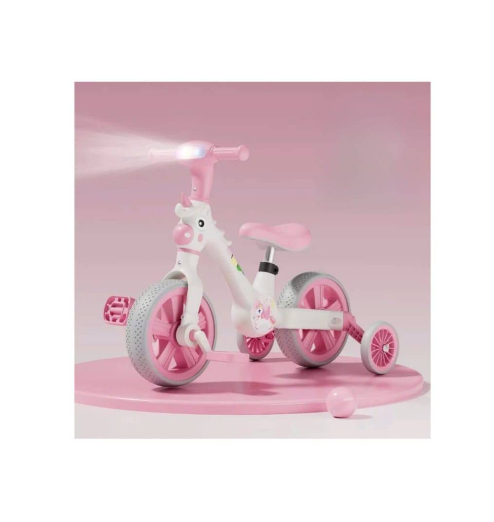 Tricicleta 2 in 1, Unicorn pentru copii, reglabila, alb/roz, 2–5 ani