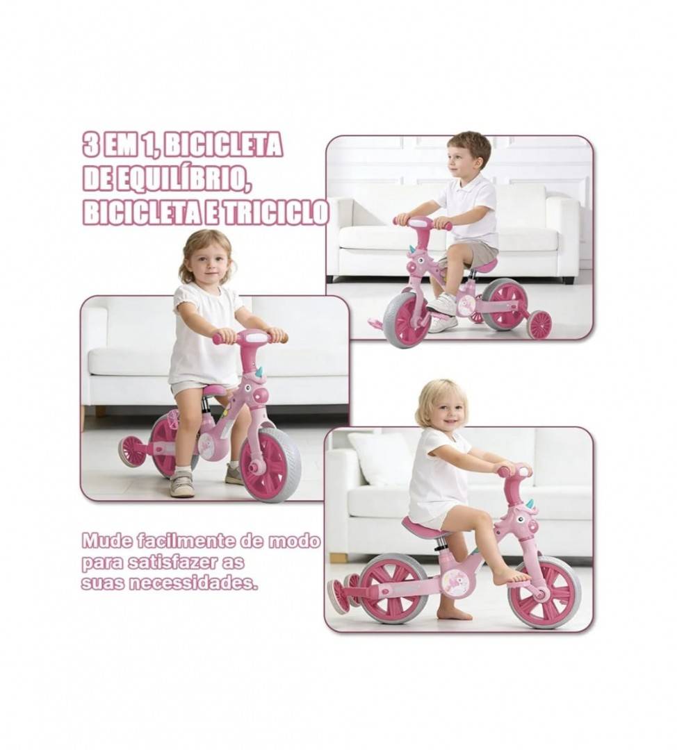 Tricicleta 2 in 1, Unicorn pentru copii, reglabila, alb/roz, 2–5 ani