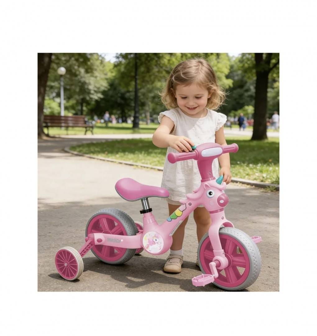 Tricicleta 2 in 1, Unicorn pentru copii, reglabila, roz, 2–5 ani