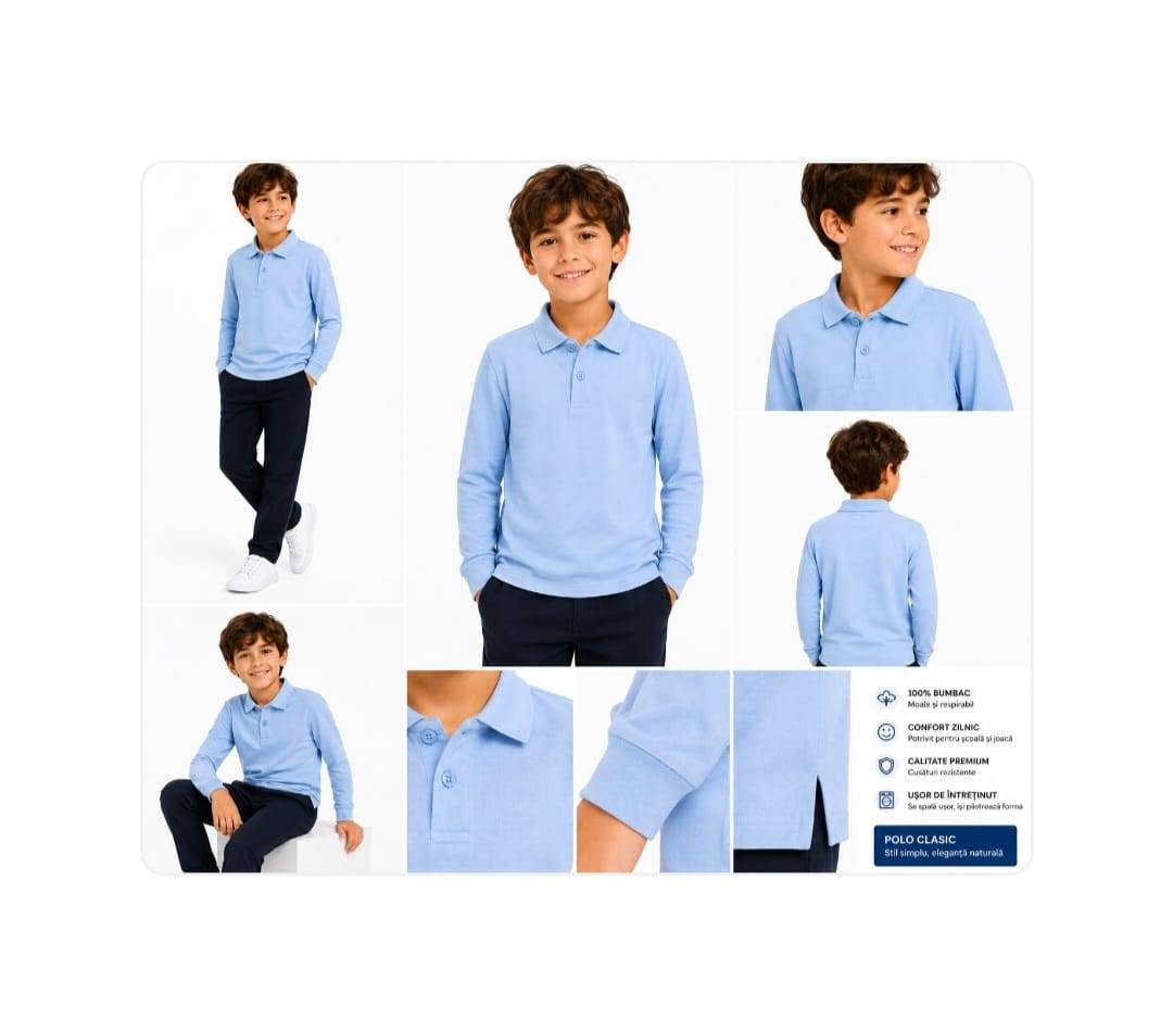  Tricou Polo Clasic pentru baieti, bumbac, bleu, 5 ani - 14 ani 