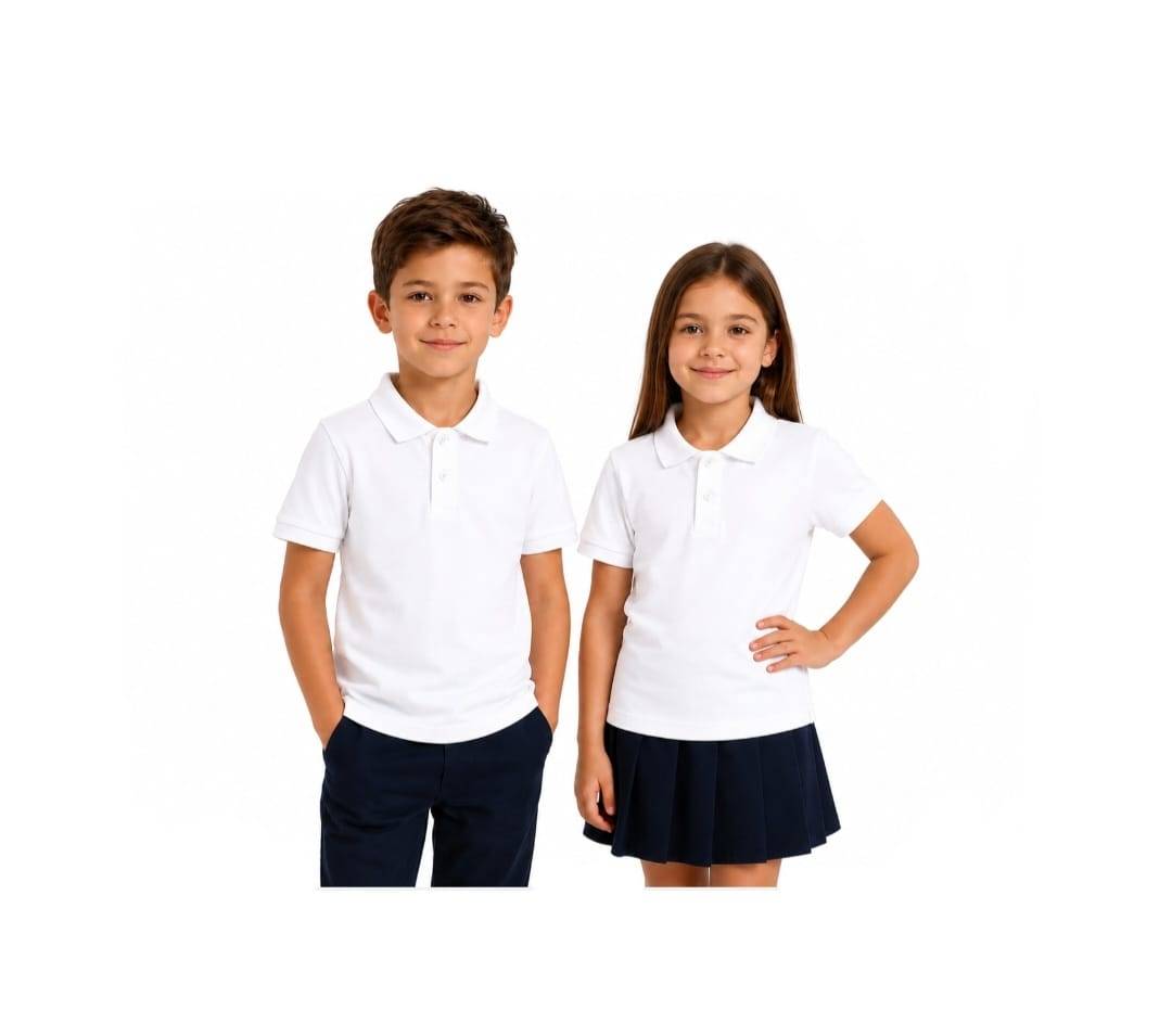 Tricou Polo Clasic pentru copii, scoala, bumbac, alb, 5 ani - 13 ani