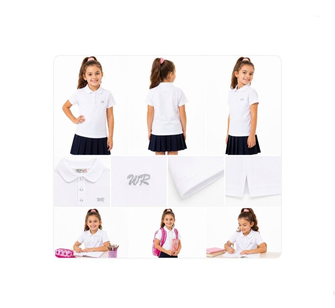 Tricou Polo Clasic pentru fete, bumbac, alb, 5 ani - 14 ani