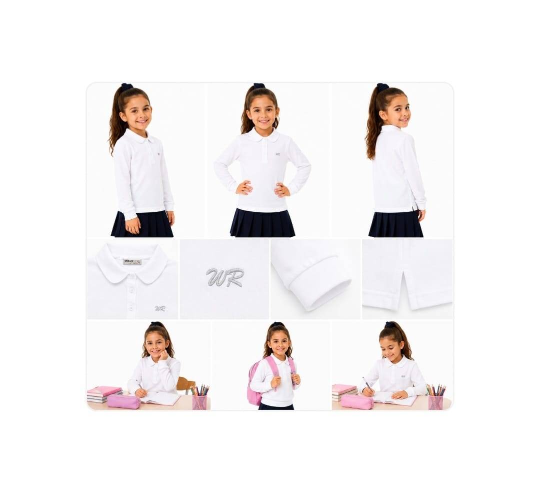 Tricou Polo Clasic pentru fete, bumbac, alb, 5 ani - 14 ani