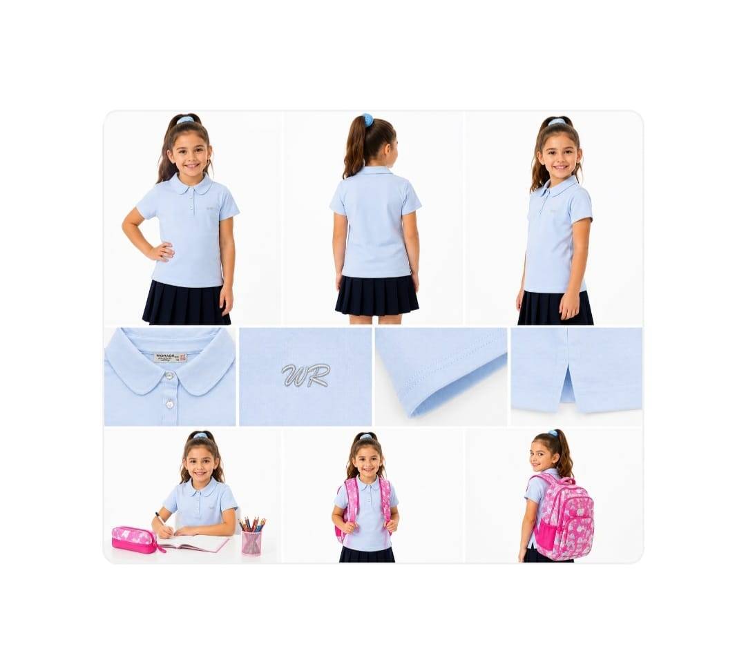 Tricou Polo Clasic pentru fete, bumbac, bleu, 5 ani - 14 ani