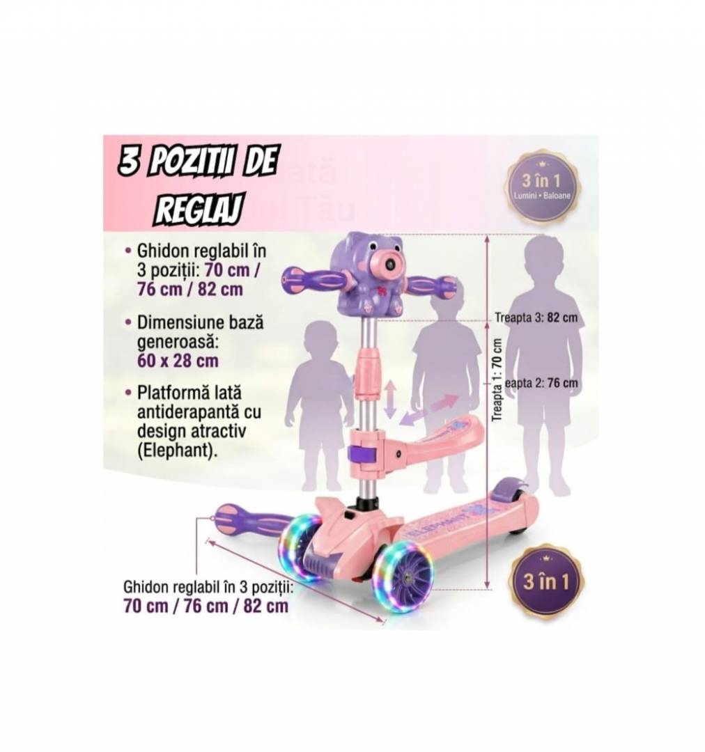 Trotineta copii, Ursulet, 3 roți, lumini, muzica, baloane de sapun, scaunel, reglabila și pliabila, roz, 2 ani+