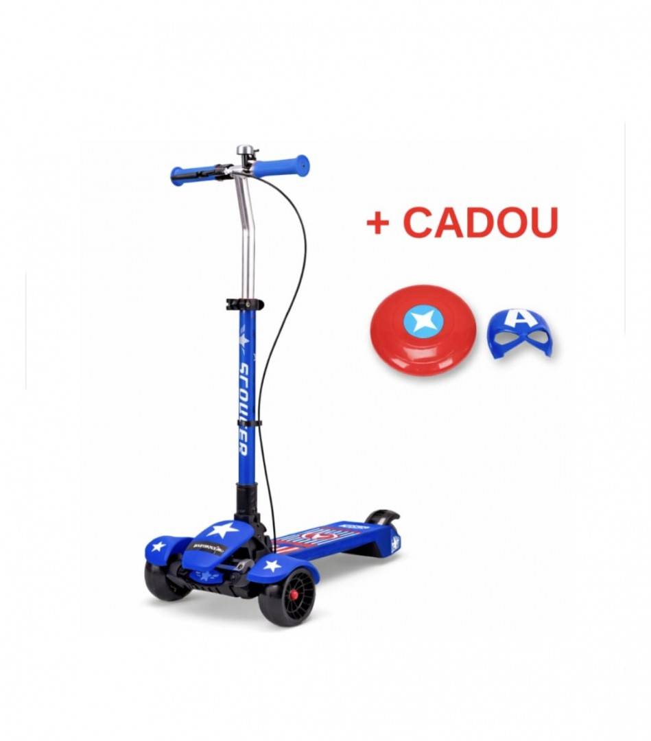 Trotineta cu 3 roti pentru copii,  Capitan America, cu lumini LED, muzica, 5 ani+, albastru