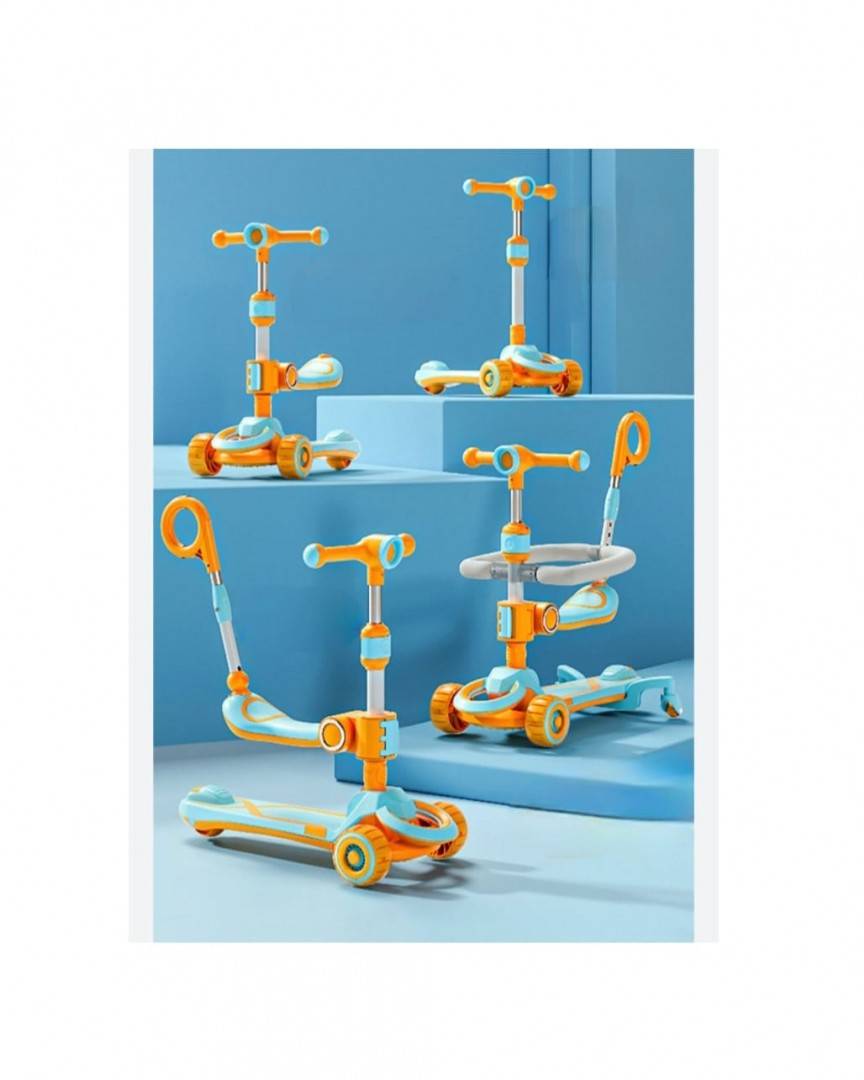 Trotineta pentru copii, 7 in 1 cu scaun, protectii laterale, maner de impins, limina frontala, roti luminoase si ghidon reglabil, 1 an+