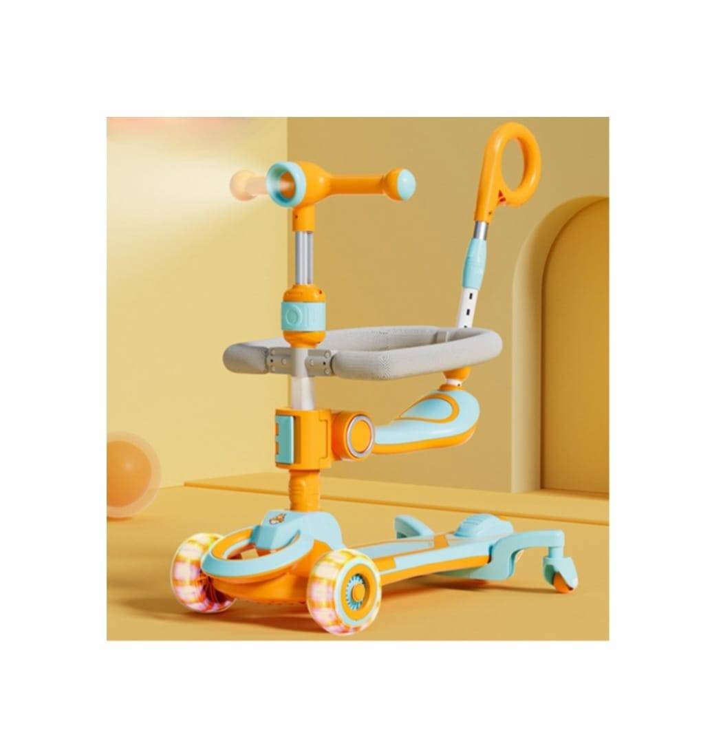 Trotineta pentru copii, 7 in 1 cu scaun, protectii laterale, maner de impins, limina frontala, roti luminoase si ghidon reglabil, 1 an+