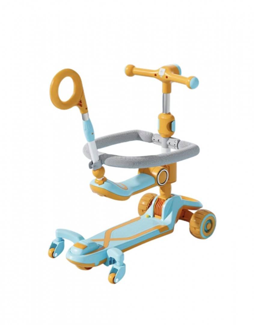 Trotineta pentru copii, 7 in 1 cu scaun, protectii laterale, maner de impins, limina frontala, roti luminoase si ghidon reglabil, 1 an+