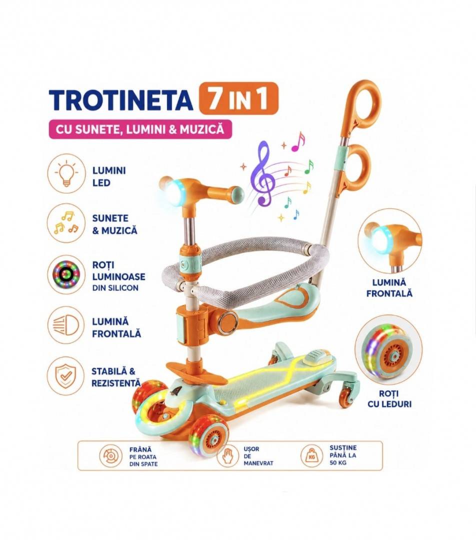 Trotineta pentru copii, 7 in 1 cu scaun, protectii laterale, maner de impins, limina frontala, roti luminoase si ghidon reglabil, 1 an+