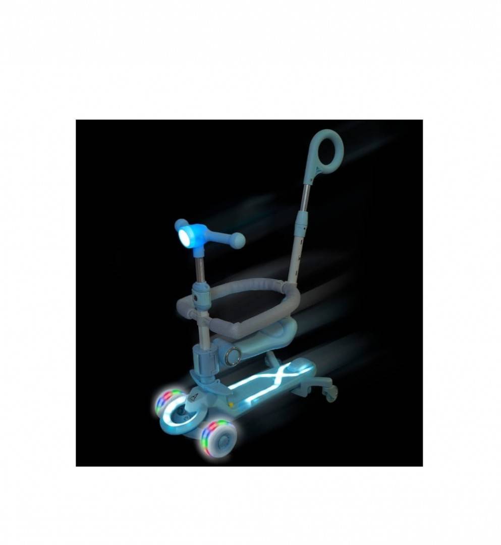 Trotineta pentru copii, 7 in 1 cu scaun, protectii laterale, maner de impins, limina frontala, roti luminoase si ghidon reglabil, blue, 1 an+