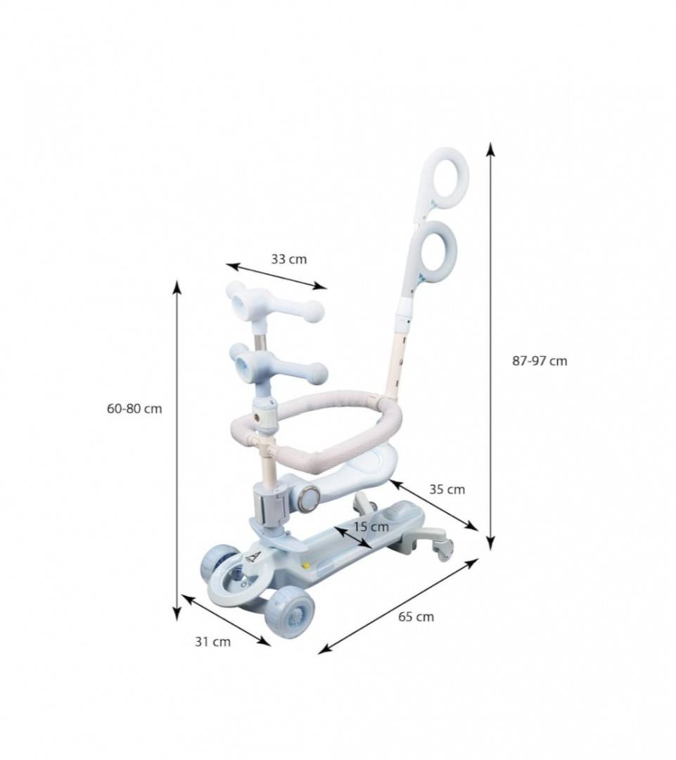 Trotineta pentru copii, 7 in 1 cu scaun, protectii laterale, maner de impins, limina frontala, roti luminoase si ghidon reglabil, blue, 1 an+